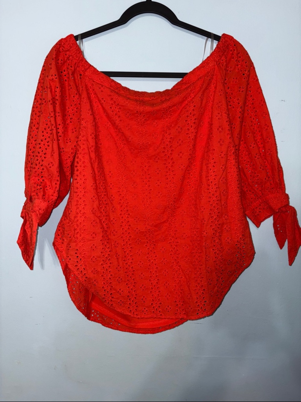 Medium bright Red Eyelet Off-Shoulder Tie-Sleeve rounded hem Top - Women